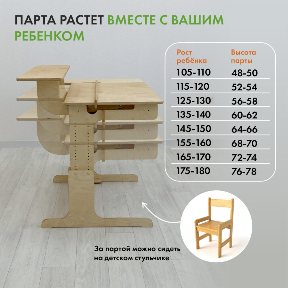 Растущая парта трансформер Ученик. Комплектация Оптим, покрыта Прозрачным  маслом - «Живи Стоя»